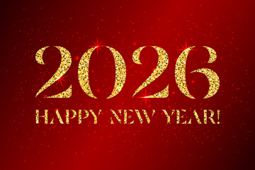 Happy New Year 2026 glitter golden numbers. Shiny glowing 2026 on red background with gold decorative sparkling elements. Festive banner, greeting card, print design