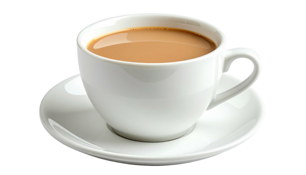 Creamy, light-brown beverage in a white cup and saucer, isolated on black. Elegant, classic. Hot drink