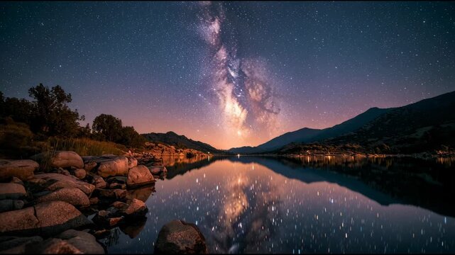 Stunning Milky Way Galaxy Reflected in Calm Lake Water at Night with Rocky Shoreline and Mountains