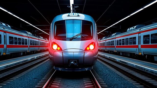 Modern electric train with illuminated headlights arriving at station, two more trains on parallel tracks in background