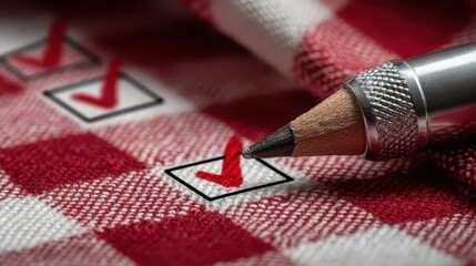 A checklist with red marks using a silver pencil, set against a red and white checkered surface, signifying completion and organization.