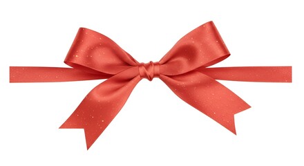 A neatly tied, vibrant coral ribbon bow, sparkling with gold flecks, set against white