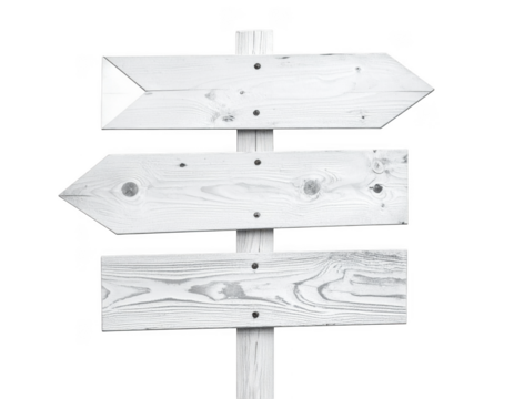 White wooden sign post isolated on transparent or white background.