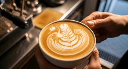 Hands Holding Latte Art Coffee Cup in Cafe