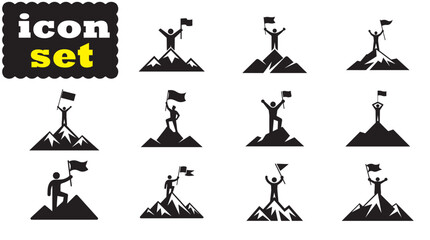A person standing on top of a mountain with a flag Icon, A person standing on top of a mountain with a flag Black Vector Set
