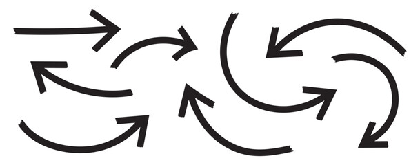 Set of hand drawn arrows. Curvy, wavy arrows. Hand drawn brush arrow set with crayon texture - curved and straight. Bold brush drawn arrows. marker drawn bold arrows set. Doodle arrow icon set. 