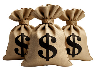 Three money bags isolated on transparent background with cash