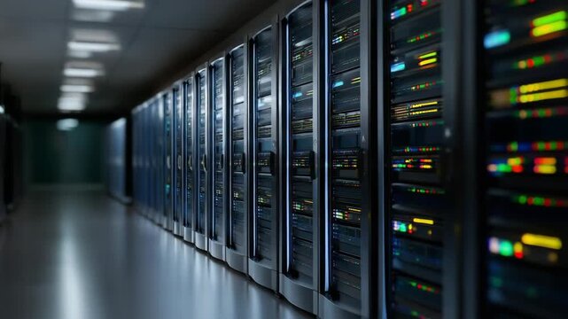 High-Tech Data Center with Server Racks and Colorful LED Lights for Digital Infrastructure
