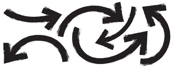 Set of hand drawn arrows. Curvy, wavy arrows. Hand drawn brush arrow set with crayon texture - curved and straight. Bold brush drawn arrows. marker drawn bold arrows set. Doodle arrow icon set. 