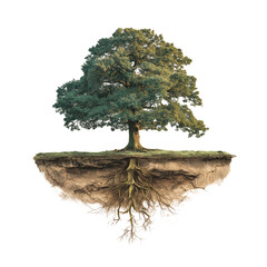 Realistic Green Oak Tree with Visible Roots on Transparent Background