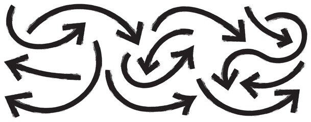 Set of hand drawn arrows. Curvy, wavy arrows. Hand drawn brush arrow set with crayon texture - curved and straight. Bold brush drawn arrows. marker drawn bold arrows set. Doodle arrow icon set. 