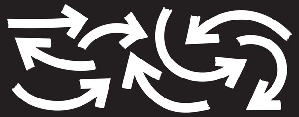 Hand drawn grunge arrows vector. Grunge arrow brush. bold brush arrows set.  hand drawn White  arrows collection, doodle thick arrows different directions. Rough vector arrow shapes. Arrow icon set. 