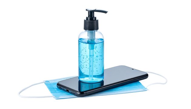 Sanitizer, face mask, and smartphone on white background, healthcare focus