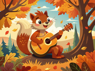 A lively squirrel plays an acoustic guitar while sitting on a log under falling leaves, smiling and enjoying autumn vibes, detailed vector illustration