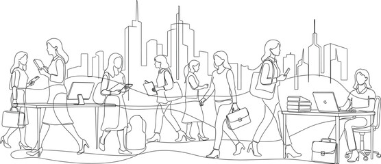 Urban professional women illustration—cityscape background, office tools, smartphones, briefcases, continuous line art, modern career and mobility theme