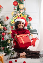 Beautiful girl celebrating the festive season with a Christmas present