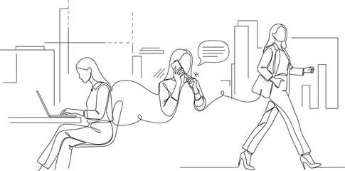 Professional woman illustration—three stages of work life including laptop, phone, and walking, continuous line art vector with urban backdrop