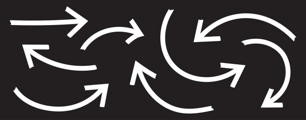 Hand drawn grunge arrows vector. Grunge arrow brush. bold brush arrows set.  hand drawn White  arrows collection, doodle thick arrows different directions. Rough vector arrow shapes. Arrow icon set. 