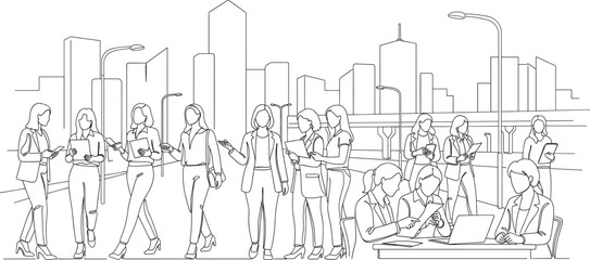 Urban businesswomen illustration—group of professionals interacting with devices and each other, city backdrop, minimalist black-and-white line art vector