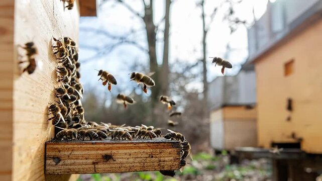 Bees flying around a beehive in a sunny garden setting.