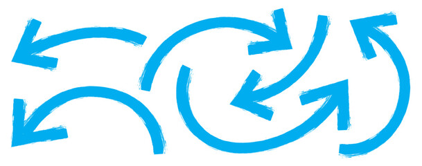 Various bold brush drawn curved arrows. Collection of blue doodle marker thick arrows. Blue Hand drawn brush stoke arrow set. Hand drawn bold arrows set. Big set of chalk pencil, brush stroke arrows