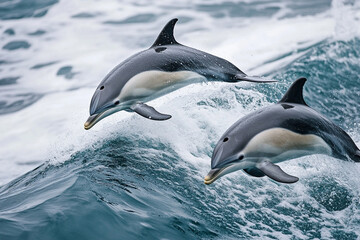 Fototapeta premium Dolphins gracefully gliding through rough, wind-swept waters
