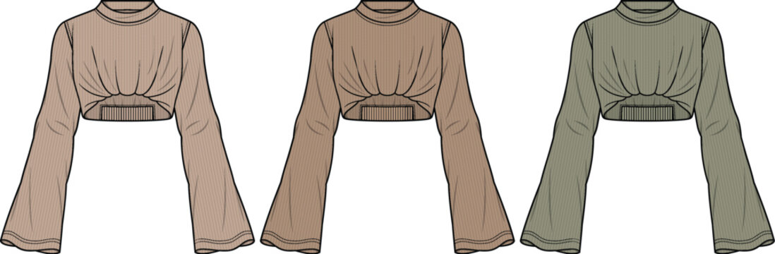 Vector fashion flat sketch set of a high neck long bell sleeve crop top with underbust ruched detail and cutout in multiple colorways