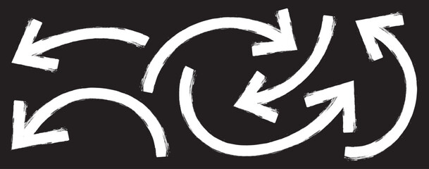 Hand drawn grunge arrows vector. Grunge arrow brush. bold brush arrows set.  hand drawn White  arrows collection, doodle thick arrows different directions. Rough vector arrow shapes. Arrow icon set. 