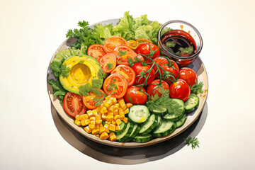 healthy salad with tomatoes, cucumbers, corn, lettuce, vegetables, and olive oil vector illustration for fresh food and diet meal concept