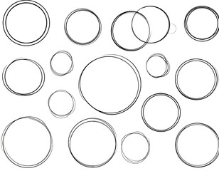 Scattered, sketched black circles on a white backdrop, some overlapping