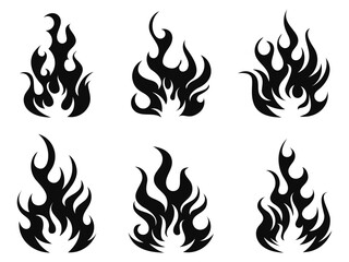 Flame silhouettes in classic style. Set of black vector fire silhouettes on white background
