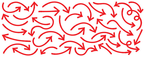 Set of Hand drawn vector arrows doodle on white background. Hand-drawn brush stroke arrows. Vector grunge brush style arrow pointers. red paint brush hand drawn arrow in grunge style. Long curve arrow