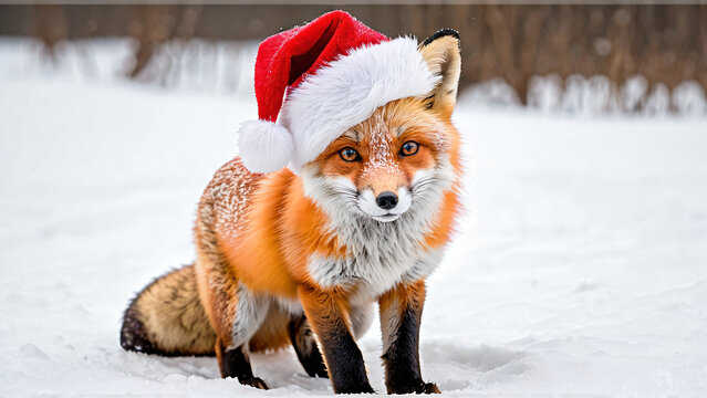 Fuchs mit Weihnachtsm&uuml;tze steht im Schnee