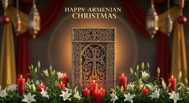 Armenian Christmas Celebration with Khachkar, Candles, and Lilies cross stone carving