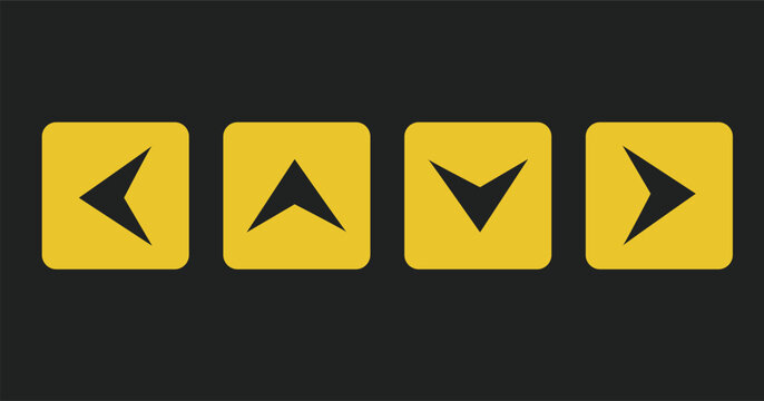 Arrow pointing left on yellow square button dark background for navigation previous content direction indicator interface element symbol sign