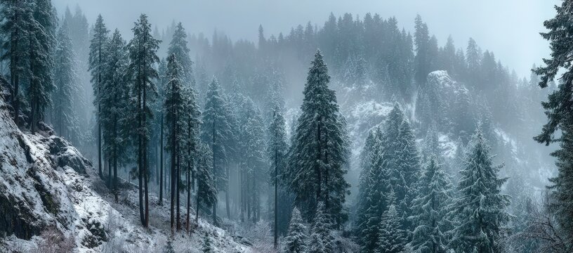 Snow-covered evergreen trees stand tall in a misty forest landscape, creating a serene winter atmosphere with rocky terrain and soft light filtering through the branches