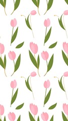 Obraz premium Repeating pattern of pink tulip blooms and green leaves on a white backdrop