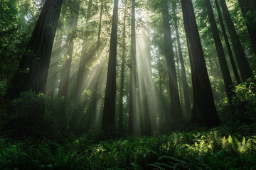 Fototapeta premium hidden redwood grove where sunlight filters through the dense foliage, creating mesmerizing glow