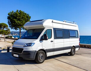 A white motorhome parked on a concrete platform, overlooking a blue sea on a sunny day