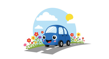 Happy blue car rides on the road amidst colorful flowers under the summer sky