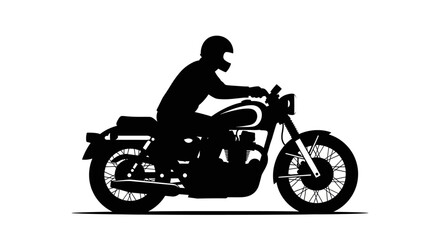 Silhouette of a motorcyclist on a classic bike creates a striking visual contrast on white space