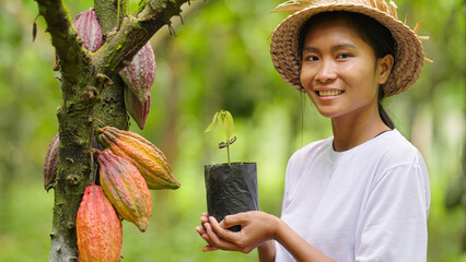 Smiling young asian woman cacao farmer with pods on tree trunk and cocoa seedling in hands, looking...