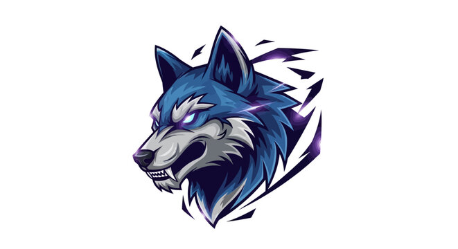 Intense blue wolf head with glowing eyes and sharp teeth, symbolizing power and aggression in dynamic abstract design