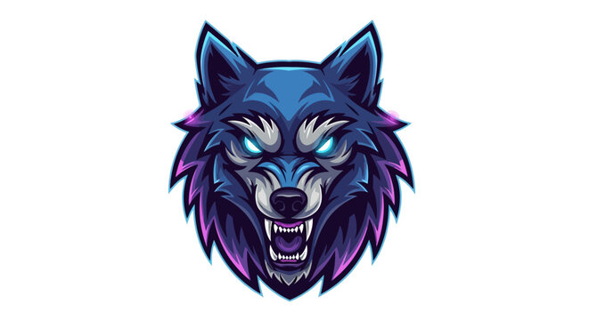 Fierce blue wolf mascot head roaring with glowing eyes and purple accents, perfect for esports branding and gaming teams seeking a powerful symbol.