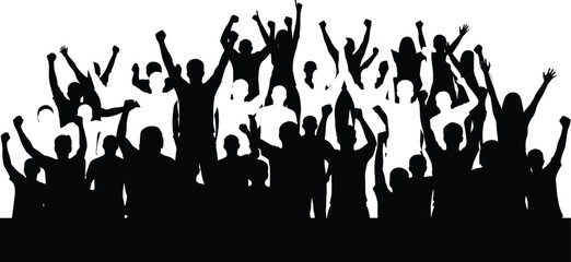 Silhouette crowd cheering, raised hands celebration, unity people group, concert audience excitement, activism rally energy, cad drawing flat vector illustration