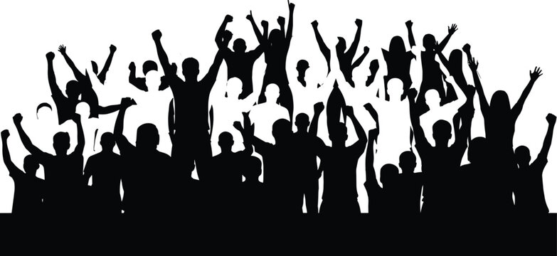 Silhouette crowd cheering, raised hands celebration, unity people group, concert audience excitement, activism rally energy, cad drawing flat vector illustration