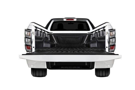 Open empty back of pickup truck isolated on white background.	