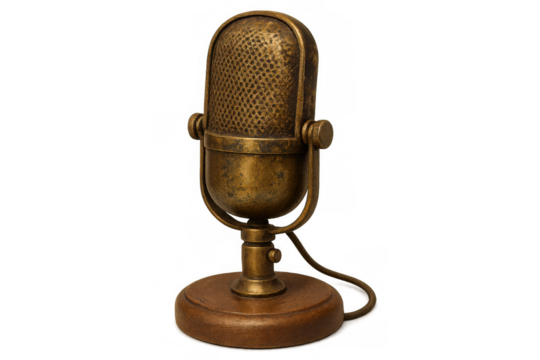 Vintage microphone providing sound for radio broadcast, podcast, live audio recording, music production, and nostalgic media