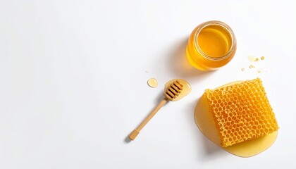 Jar of honey with honeycomb and dipper on white background, top view, healthy food