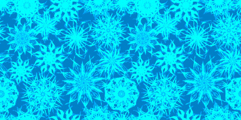 A seamless pattern of rough, fragmented snowflakes in shades of blue. This abstract winter illustration is ideal for textile design with an urban edge, modern gift wrap, or a dynamic background.